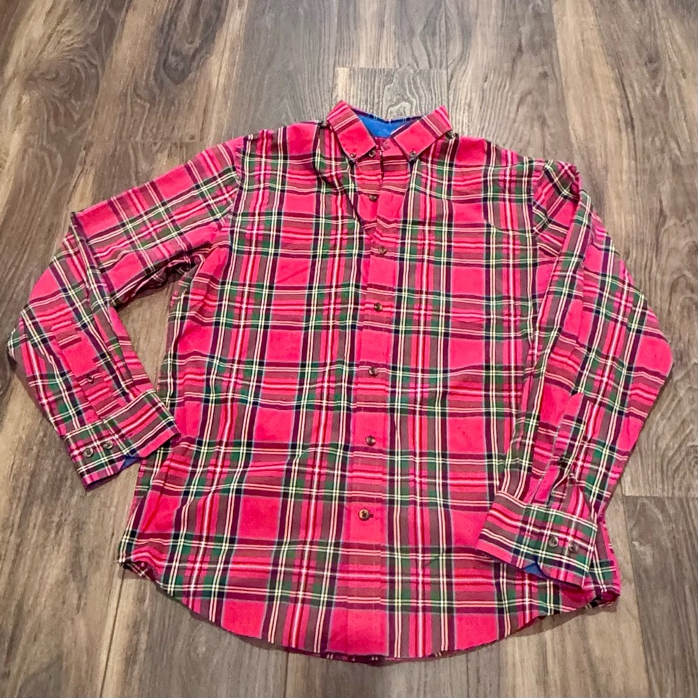 IZOD Men’s Small Red and Green Plaid Casual Button-down Shirt